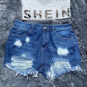 New Shein 0XL High Rise Distressed Jean Shorts